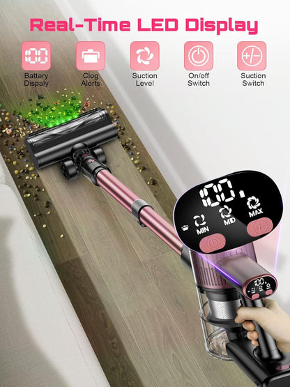 Cordless Vacuum Cleaner, 10 in 1 Stick Vacuum with Powerful Suction, Hose, Green LED Light, Anti-Tangle Brush, Lightweight Rechargeable Vacuum Cleaner for Home, Hardwood Floors,Pet Hair (Purple)