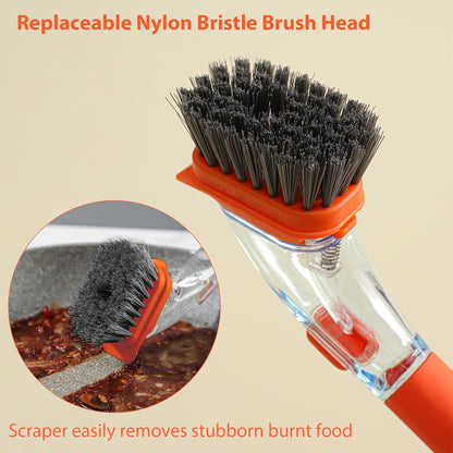DAPOWER Soap Dispensing Dish Brush with Handle, Kitchen Scrub Brush for Dishes Pots Pans Sink Cleaning (Orange)