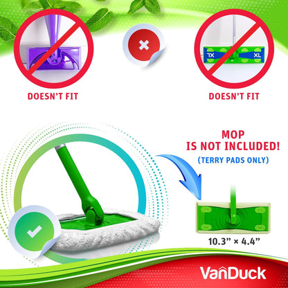 VanDuck Reusable 100% Cotton Mop Pads Compatible with Swiffer Sweeper (4-Pack), Terry Cloth Mop Covers Washable for Wet Mopping and Floor Cleaning (Handle is Not Included)