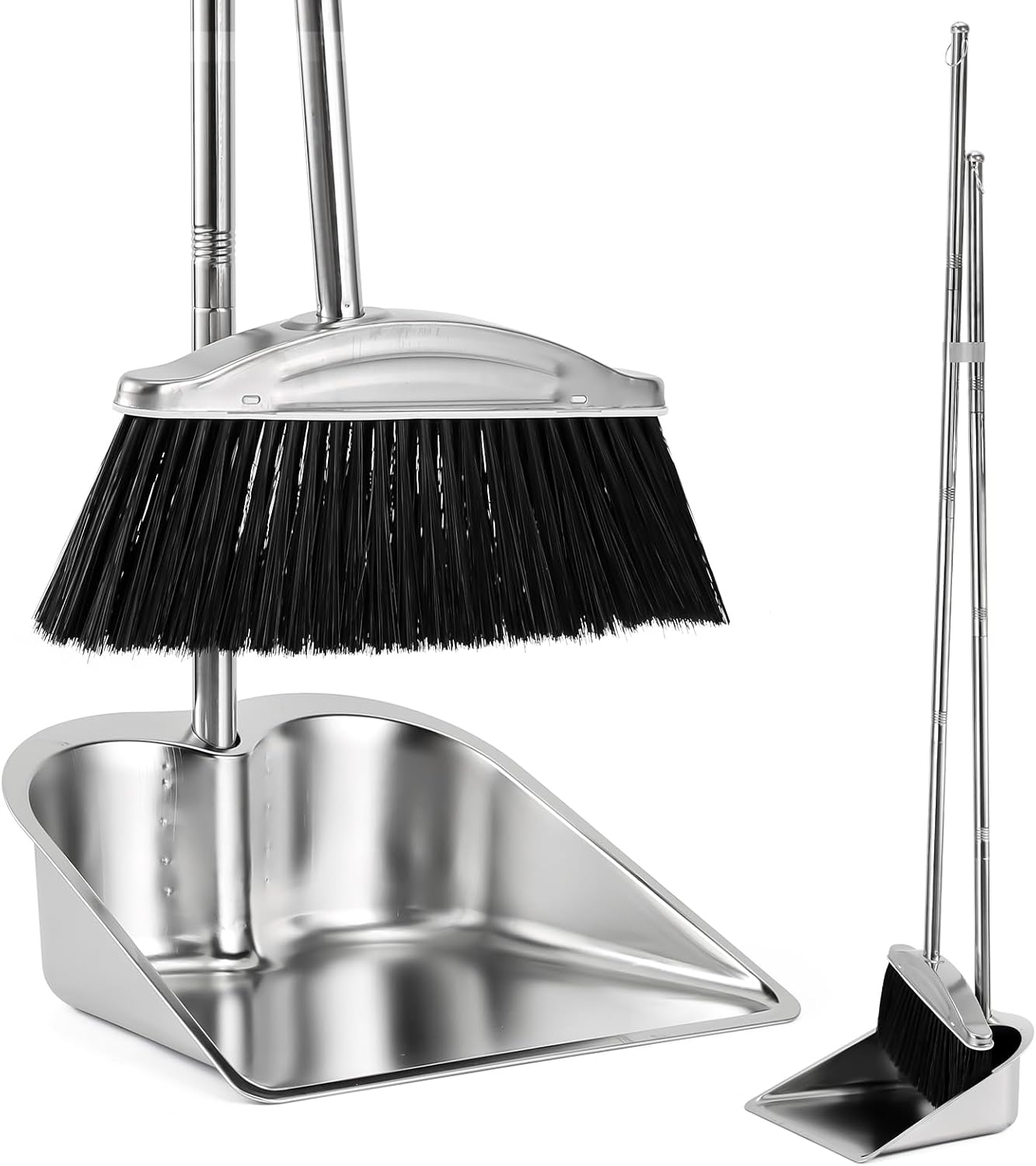 VOOWO Broom with Dustpan Combo Set, 46" Stainless Steel Broom and Dustpan Set for Home, Heavy Duty Dust Pan with Long Handle, Broom for Sweeping Indoor and Outdoor, Kitchen Broom and Dust Pan (Khaki)