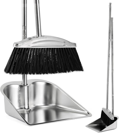 VOOWO Broom with Dustpan Combo Set, 46" Stainless Steel Broom and Dustpan Set for Home, Heavy Duty Dust Pan with Long Handle, Broom for Sweeping Indoor and Outdoor, Kitchen Broom and Dust Pan (Khaki)