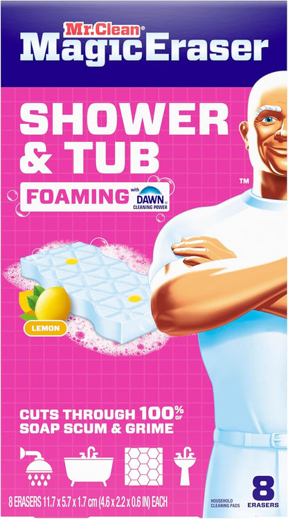 Mr. Clean Magic Eraser Sponge, Bathroom, Shower, Tub Cleaner, Soap Scum Remover, Bathroom Cleaning Supplies, Dawn Cleaning Power with Lemon Scent, Shower & Tub, 6ct