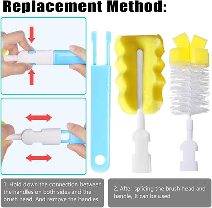 Baby Bottle Cleaning Brush 6-Piece Set Detachable Sponge Bottle Brush, Nylon Milk Bottle Brush, 2PCS Nipple Brush, 2PCS Straw Brush (Pink)