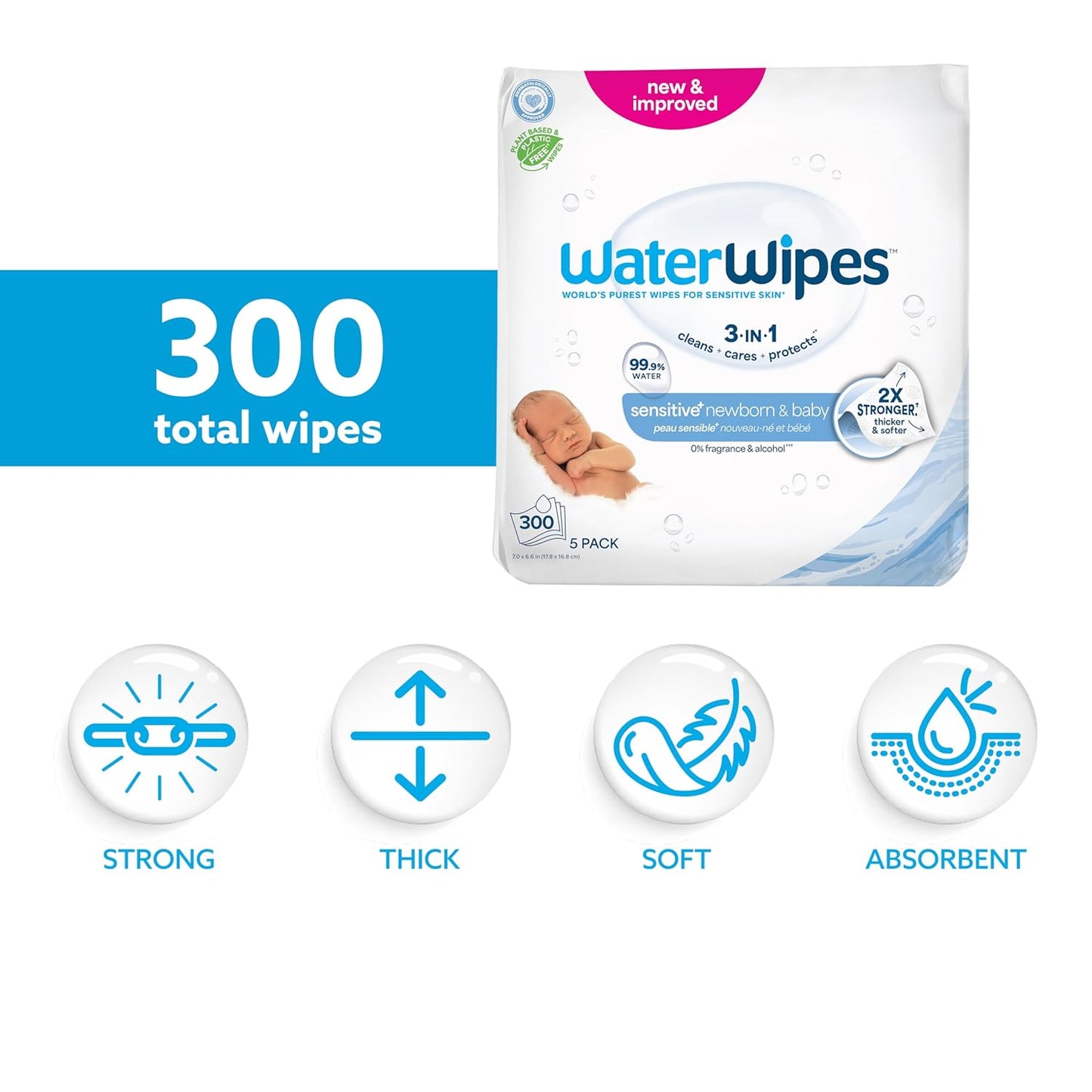 WaterWipes Sensitive+ Newborn & Baby Wipes, 3-In-1 Cleans, Cares, Protects, 99.9% Water, Unscented & Hypoallergenic, 720 Count (12 Packs)