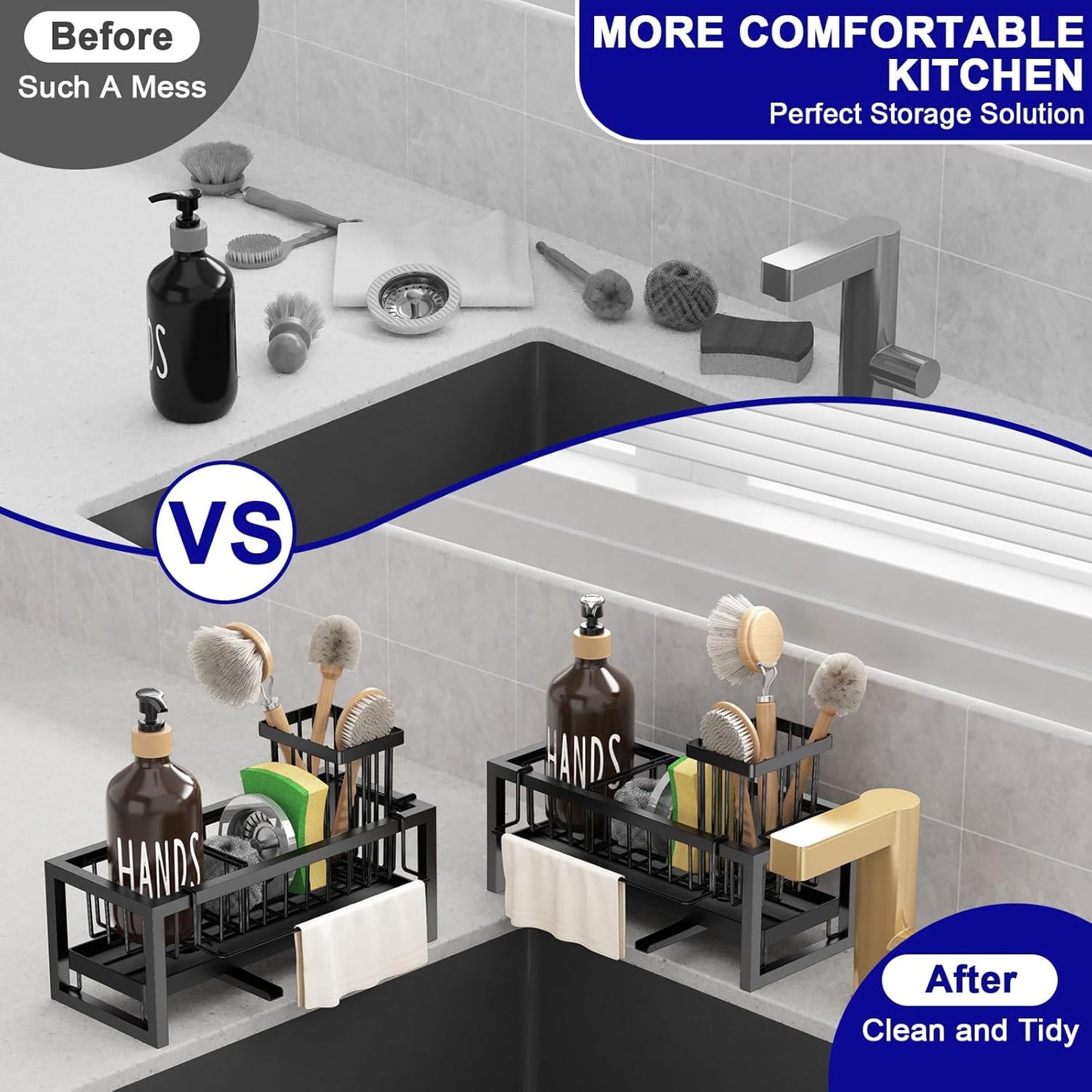 Bntuk Kitchen Sink Caddy Organzier with Towel and Brush Holder, Self-Draining Sponge Holder Caddy for Soap, Scrubber, Towel, Brush, Apartment RV Essential(Black)