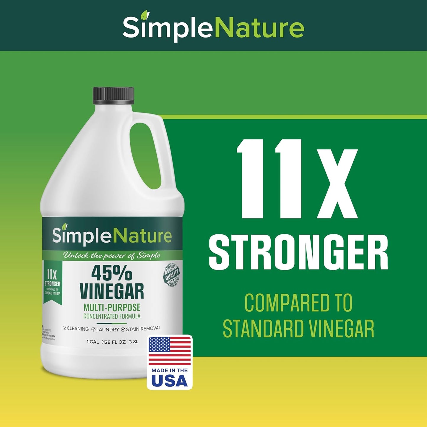 SimpleNature 45% Vinegar (1 Gallon) - Highly Concentrated Vinegar for Heavy-Duty Cleaning Power for Home & Patio, Limescale Removal & DIY Formulas - Dilutes Easily - Free of Dyes or Fragrance