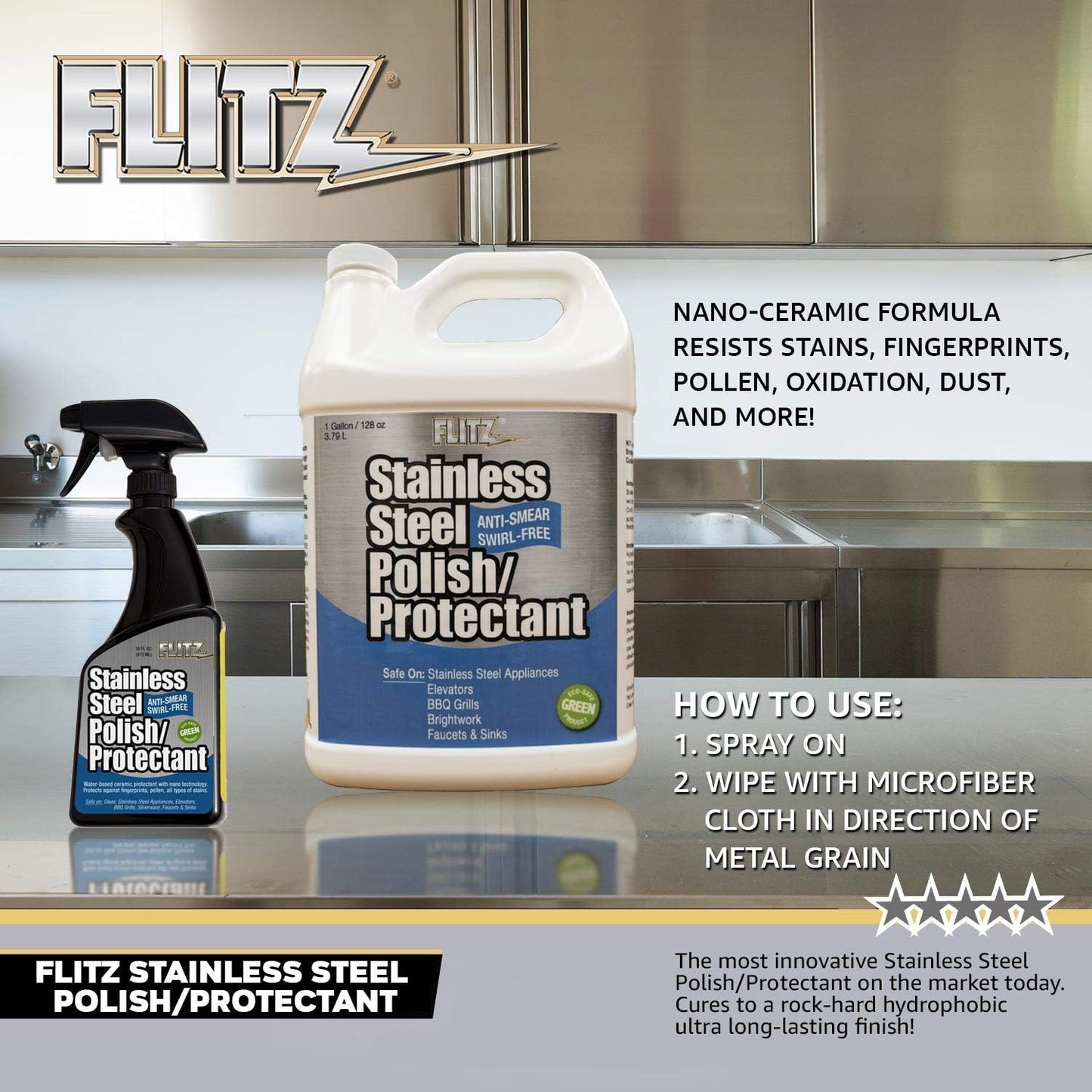 Flitz Stainless Steel Polish Protectant - 32oz Bottle, USA-Made Ceramic Coating for Stainless Steel Appliances, Repels Fingerprints & Water Spots - Aluminum & Chrome Polish & Protectant (1 Pack)
