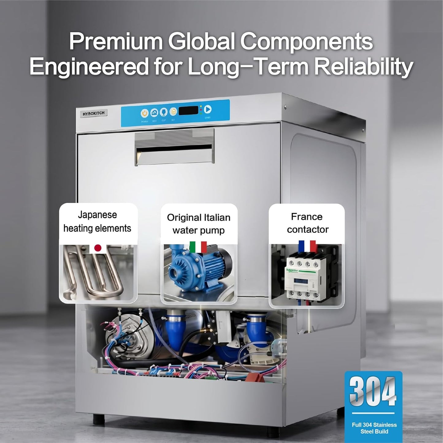 Commercial Dishwasher Undercounter High Temperature, Built-in Booster, Built-in Detergent & Rinse Aid Pumps, Stainless Steel, 20-40 Racks/Hr, 208~240V, 1 Phrase for Restaurant Bar Cafe