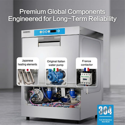 Commercial Dishwasher Undercounter High Temperature, Built-in Booster, Built-in Detergent & Rinse Aid Pumps, Stainless Steel, 20-40 Racks/Hr, 208~240V, 1 Phrase for Restaurant Bar Cafe