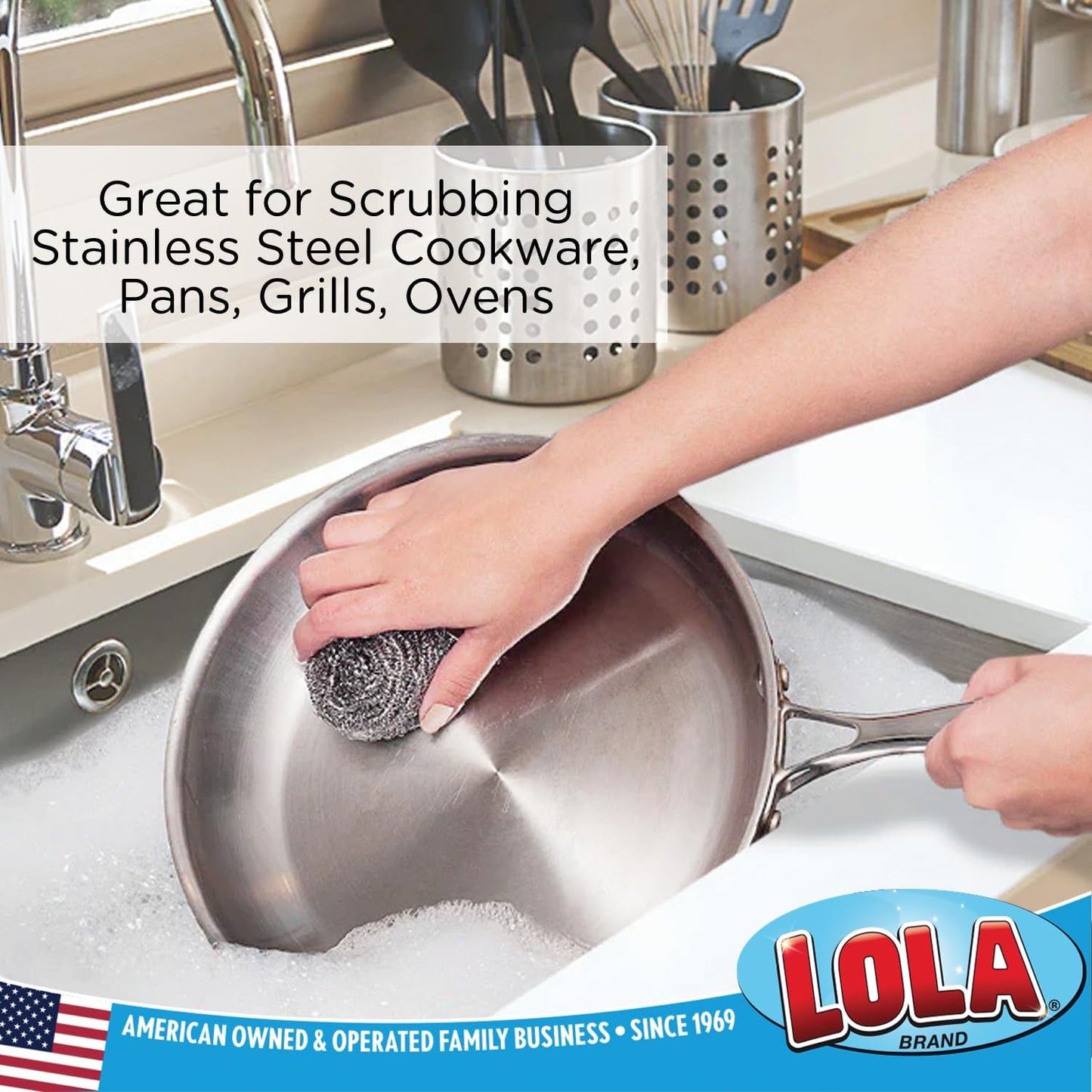 Stainless Steel Wool Scourer -Jumbo Sized- 12 Pack, 35 Grams, by LOLA, Curled Flat Wire, Cleans Caked On & Baked On Messes on Cookware
