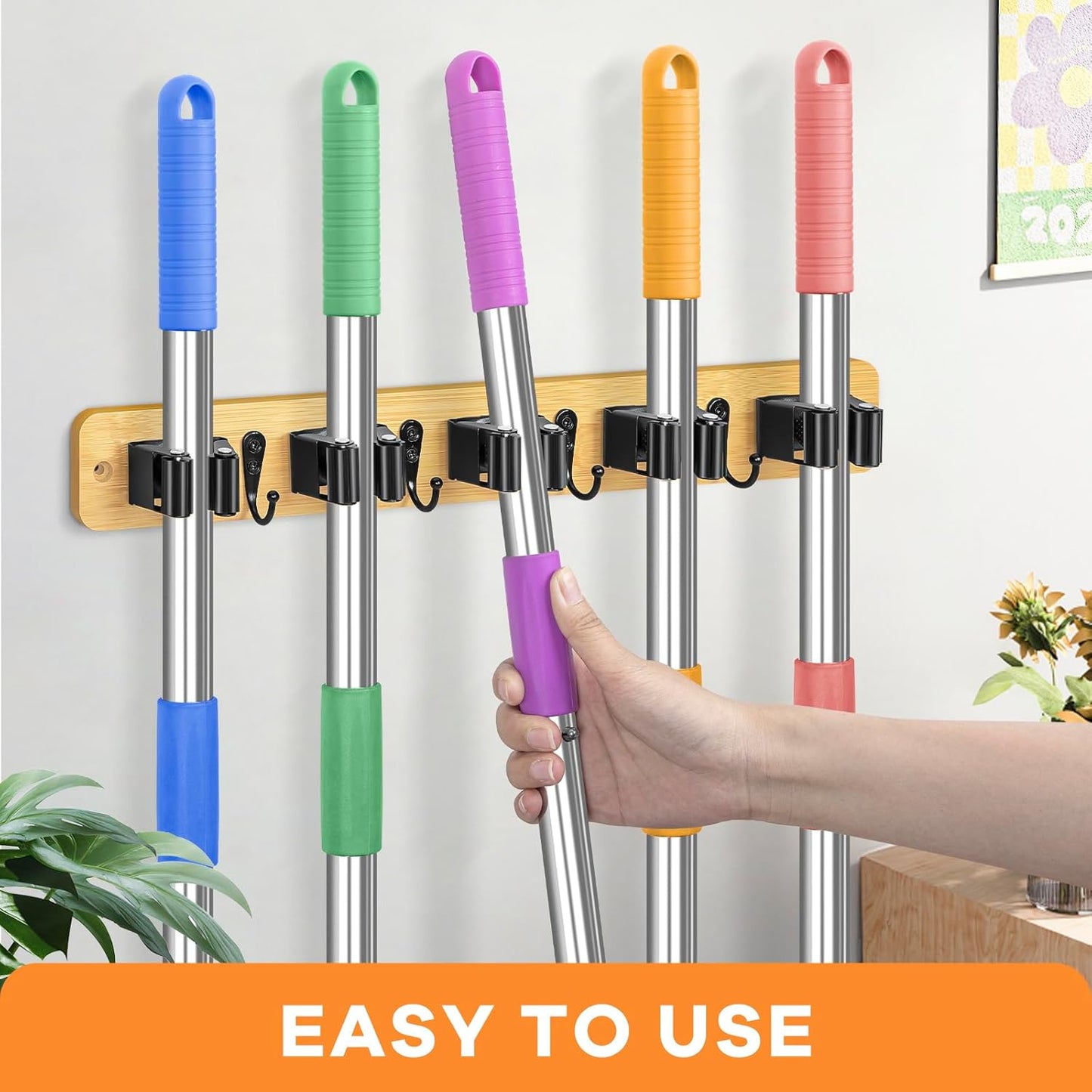 IMILLET Broom Holder Wall Mount, Rustic Wood Broom Hanger with 5 Racks and 4 Hooks, Laundry Room Organization and Storage, Mop Holder for Home Decor, Garden, Garage, Kitchen, Closet