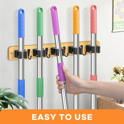 IMILLET Broom Holder Wall Mount, Rustic Wood Broom Hanger with 5 Racks and 4 Hooks, Laundry Room Organization and Storage, Mop Holder for Home Decor, Garden, Garage, Kitchen, Closet
