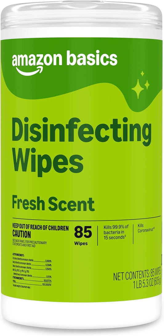 Amazon Basics Disinfecting Wipes, Fresh Scent, Sanitizes/Cleans/Disinfects/Deodorizes, 85 Count, for Hard Nonporous Surfaces
