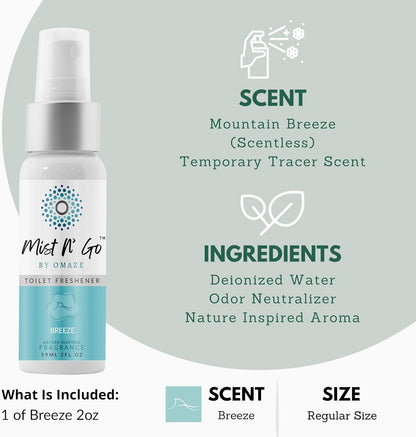 Mist N’ Go by Omaze Travel Bathroom Spray for Toilet Spray Odor Eliminator - Travel Toilet Spray for Bathroom Air Freshener Spray for Bathroom Deodorizer - Clean Mix, Travel Size (1oz x2)