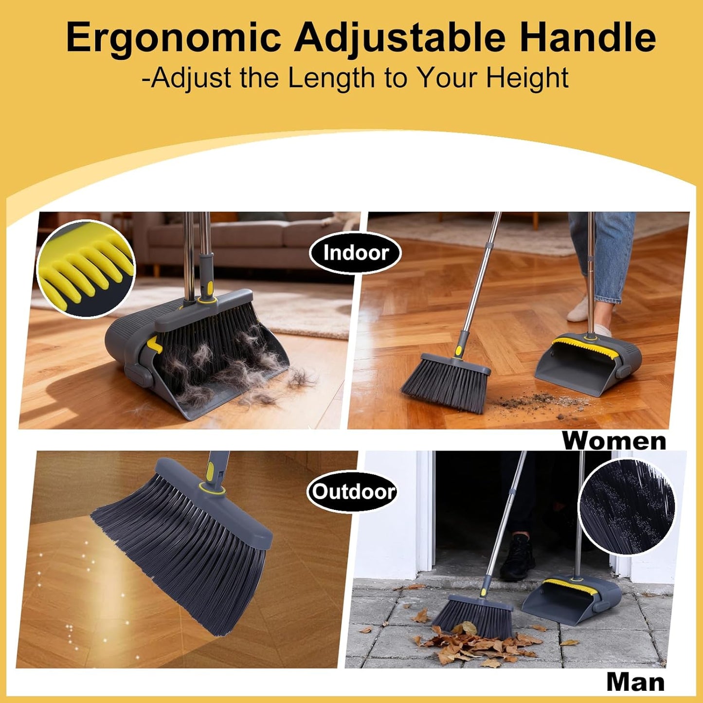 Heavy Duty Broom and Standing Dustpan Combo Set, Rotatable Head Dust Pan and Brush Set with Collapsible Handle, Cleaning Teeth, Hanging Loop, Ideal for Pets, RV, Kitchen, Camping, Outdoor Floor, White