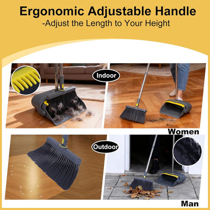 Heavy Duty Broom and Standing Dustpan Combo Set, Rotatable Head Dust Pan and Brush Set with Collapsible Handle, Cleaning Teeth, Hanging Loop, Ideal for Pets, RV, Kitchen, Camping, Outdoor Floor, White