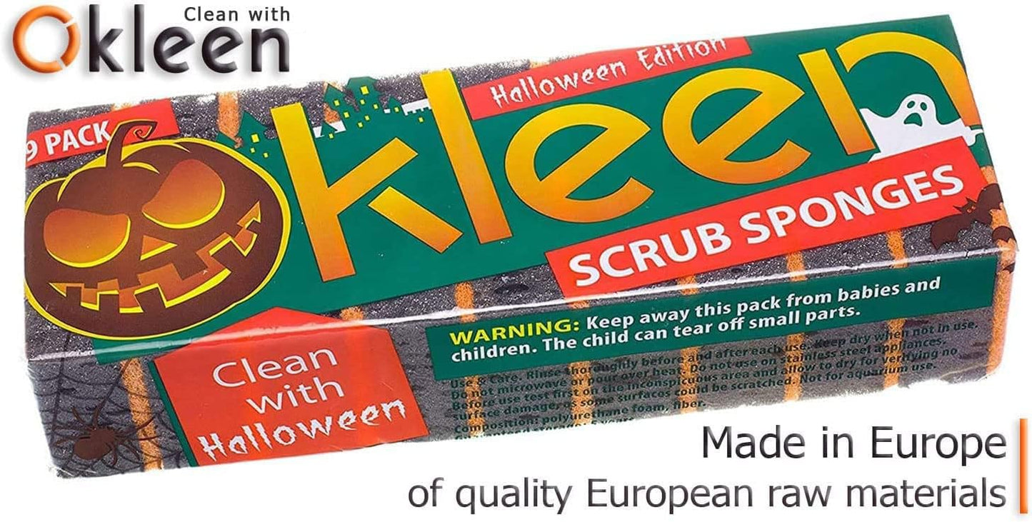 Green Multi Use Scrub Sponge. Made in Europe. 9 Pack, 4.3x2.8x1.4 inches. Odorless Heavy Duty and Non Scratch Fiber. Best, Durable, Delicate, Porous, Non Cellulose Kitchen Sponges and Scrubbers