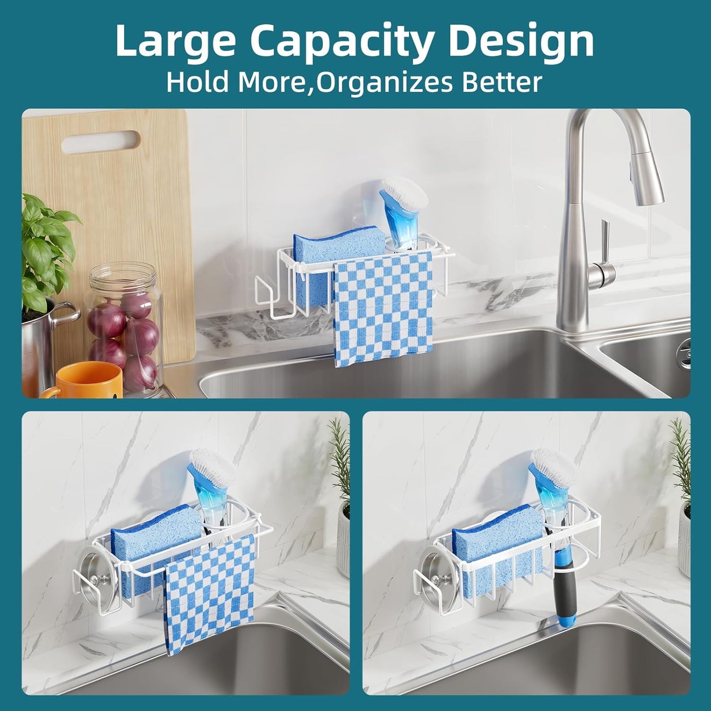TAILI 4-in-1 Sink Caddy with Strong Suction Cup, Sponge Holder for Kitchen Sink Organizer, Removable, Rustproof, Stainless Steel Holder for Sponge, Brush, Scrubber, Scraper - Silver