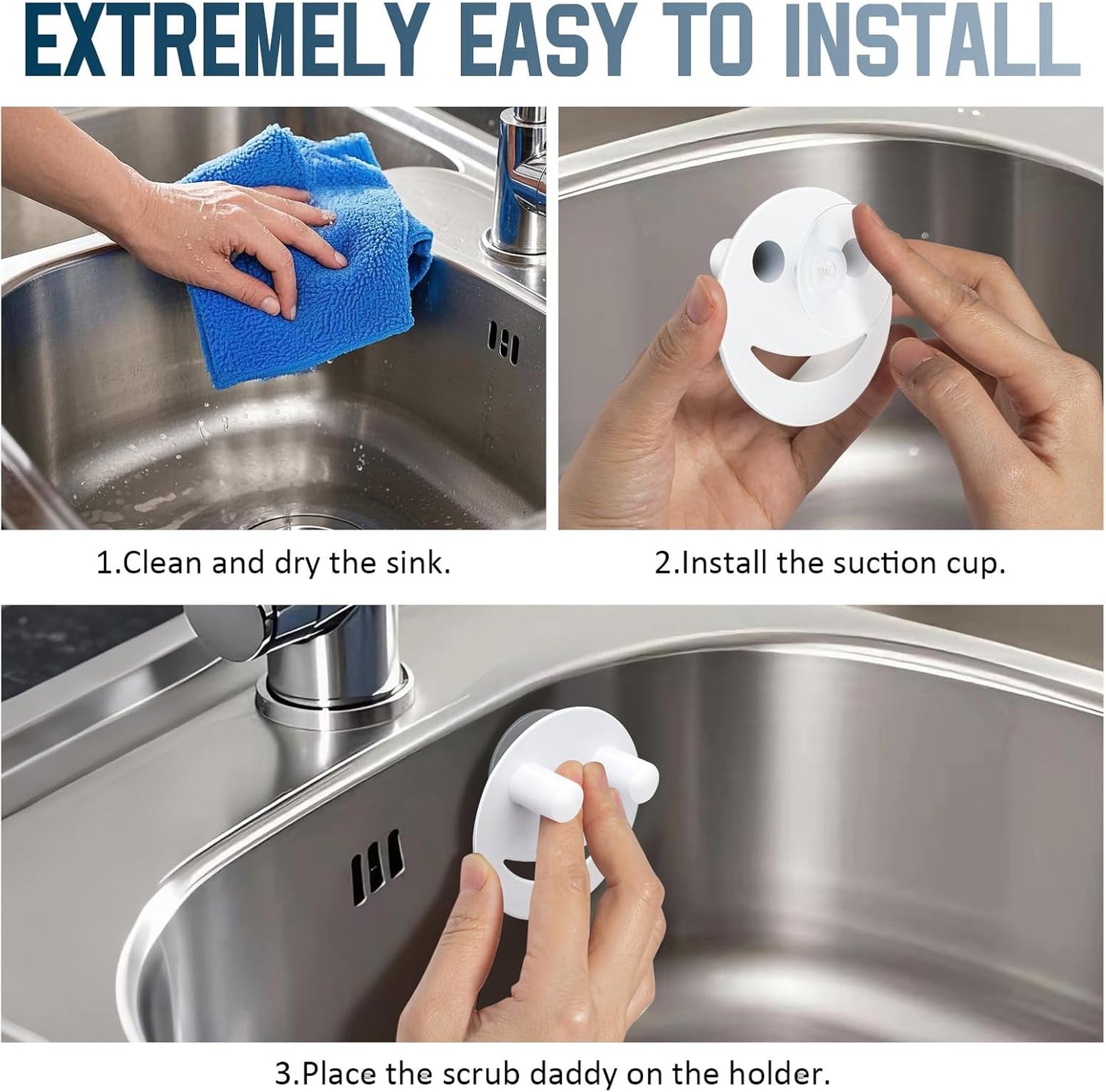 2 Pack Stainless Steel Smiley Face Dish Sponge Holder, Silver Sink Caddy Organizer Storage with Suction Cup for Kitchen, Kitchen Accessories Decor Scrubber-Silver