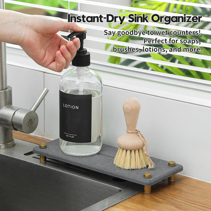Razborci Water Absorbing Stone Sink Caddy, Diatomite Kitchen Sink Organizer, Bathroom Counter Tray, Faucet Drying Mat Coaster Soap Dish Rack Riser Dispenser Sponge Holder, Silver, White 10" x 4"