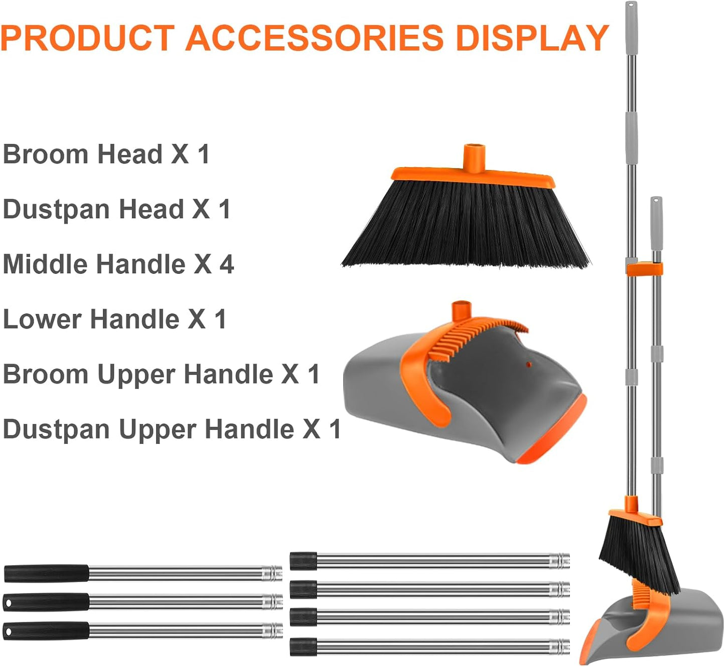 Broom and Dustpan Set, Household Broom with Dustpan Combo Set, 51" Long Handle, Dust Pan Set for Kitchen Office Lobby Floor