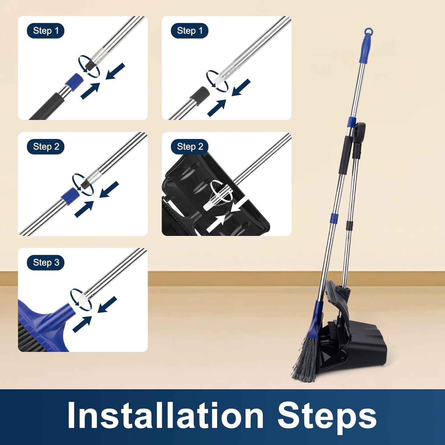 Indoor/Outdoor Heavy Duty Broom and Dustpan Set,Upright Plastic Commercial Dust Pan with 2 Brooms Perfect for Sweeping Courtyard Garage Lobby Kitchen Office Mall Market Shop Floor