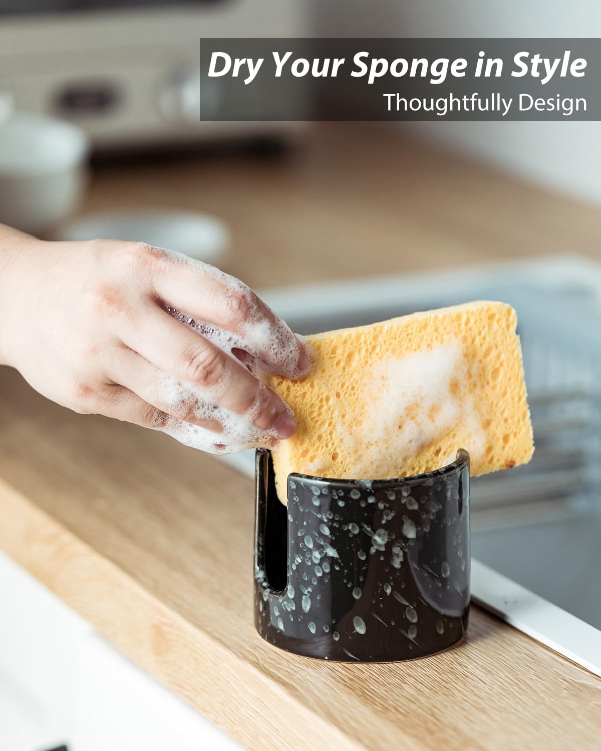 Zoeeker Sponge Holder for Kitchen Sink, Ceramic Dish Sponge Dish Rack Scrubby Caddy Kitchen Organizer Cute Sink Caddy Organizer, Farmhouse Decor, Speckled Glaze