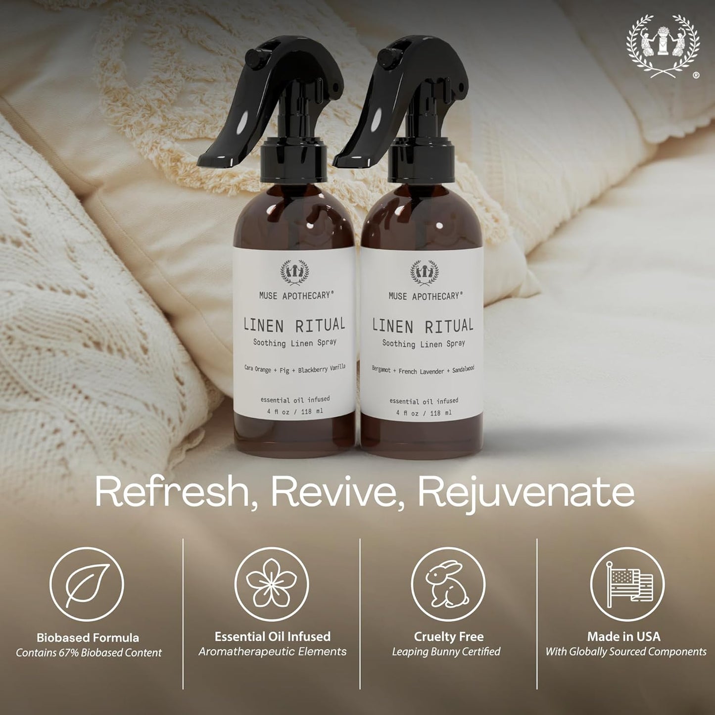 Muse Apothecary Linen Ritual - Aromatic, Soothing, and Relaxing Linen Spray for Bedding, Laundry and Fabric Spray Freshener - Infused with Aromatherapy Essential Oils - Lavender Serenity