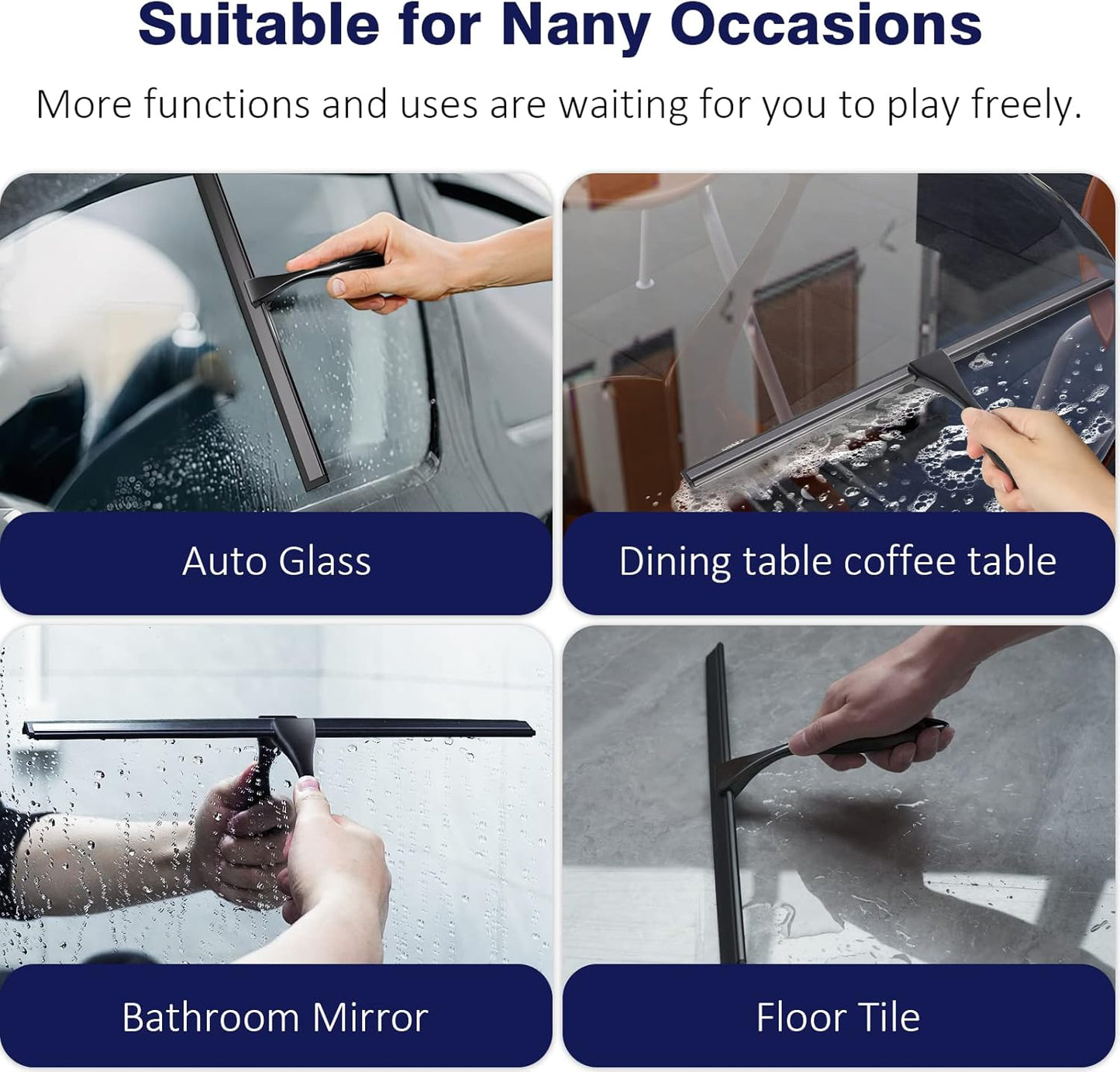 TOOVEM 14 Inch Shower Squeegee for Glass Doors, Window, Bathroom, Car Windshield, Shower Cleaning Tools with S Hook, Square Sticky Hook (Silver)