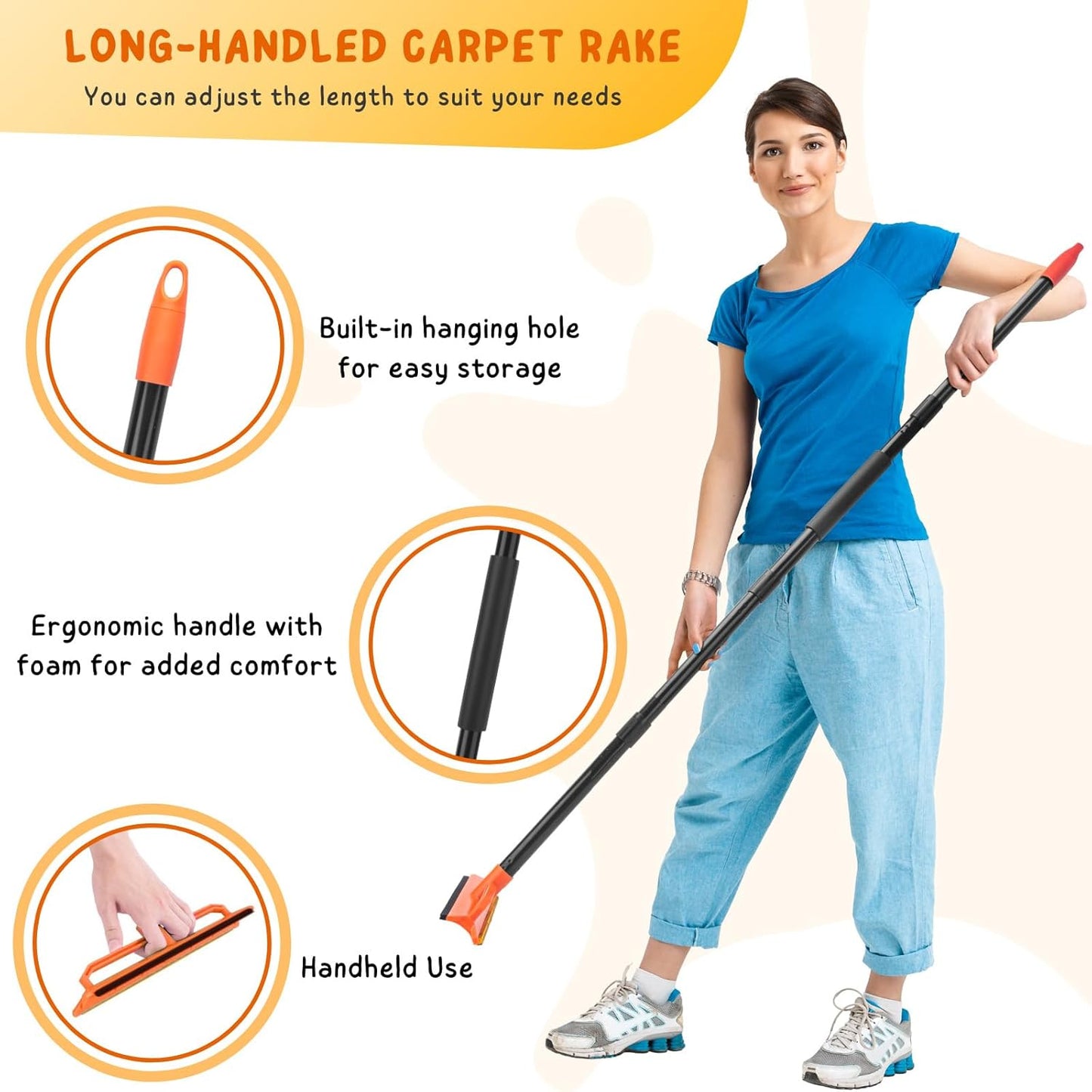 Carpet Rake for Pet Hair Removal, 57'' Long Handle Dog and Cat Hair Remover Tool to Fluff Rug, Stair Carpets and Couch Cleaning Rake