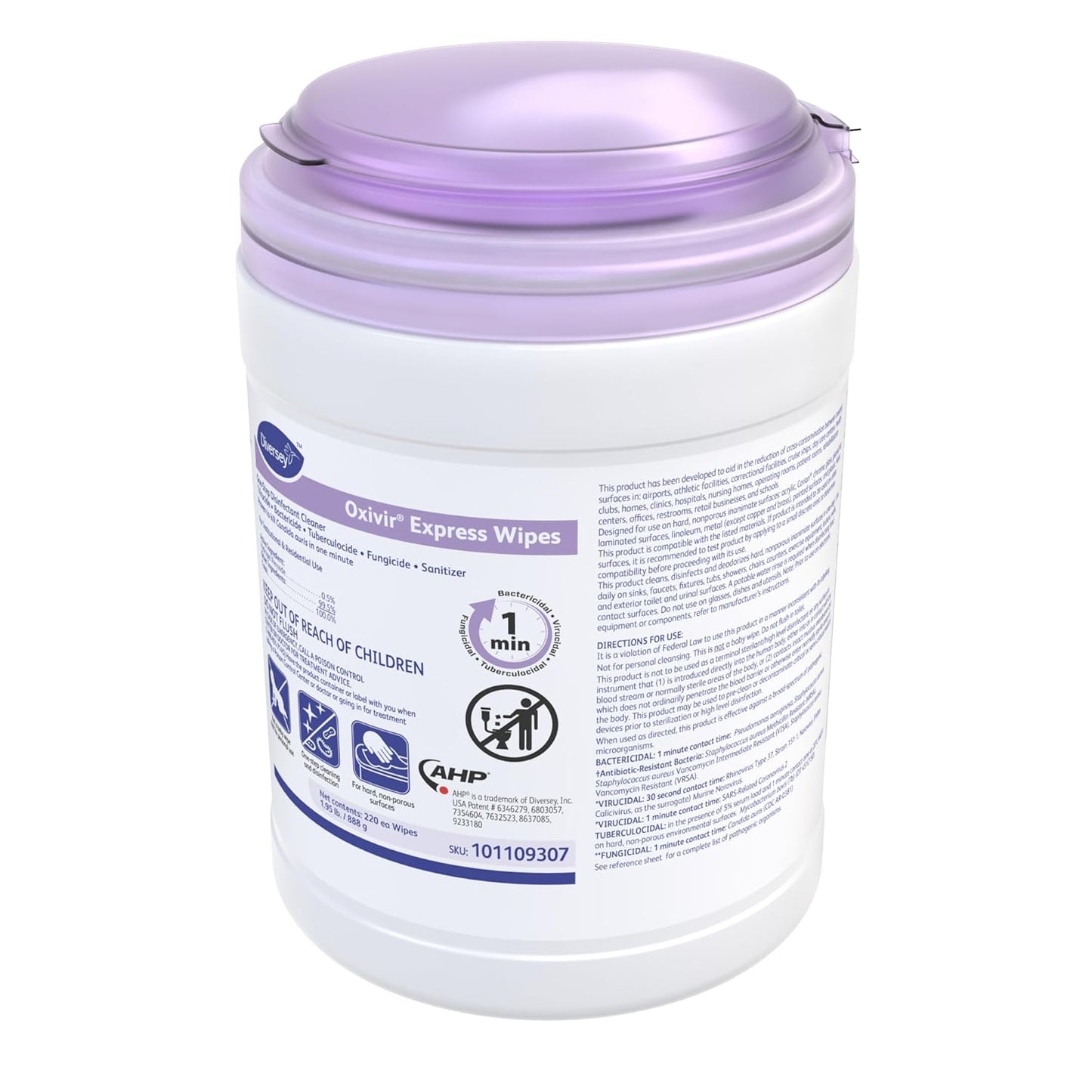 Diversey Oxivir Express Wipes 101109307 - One-Step Disinfectant Fragrance-Free Cleaner Wipes, Fast Acting, Standard Sheets, Unscented 220-Wipes, 1-Canister