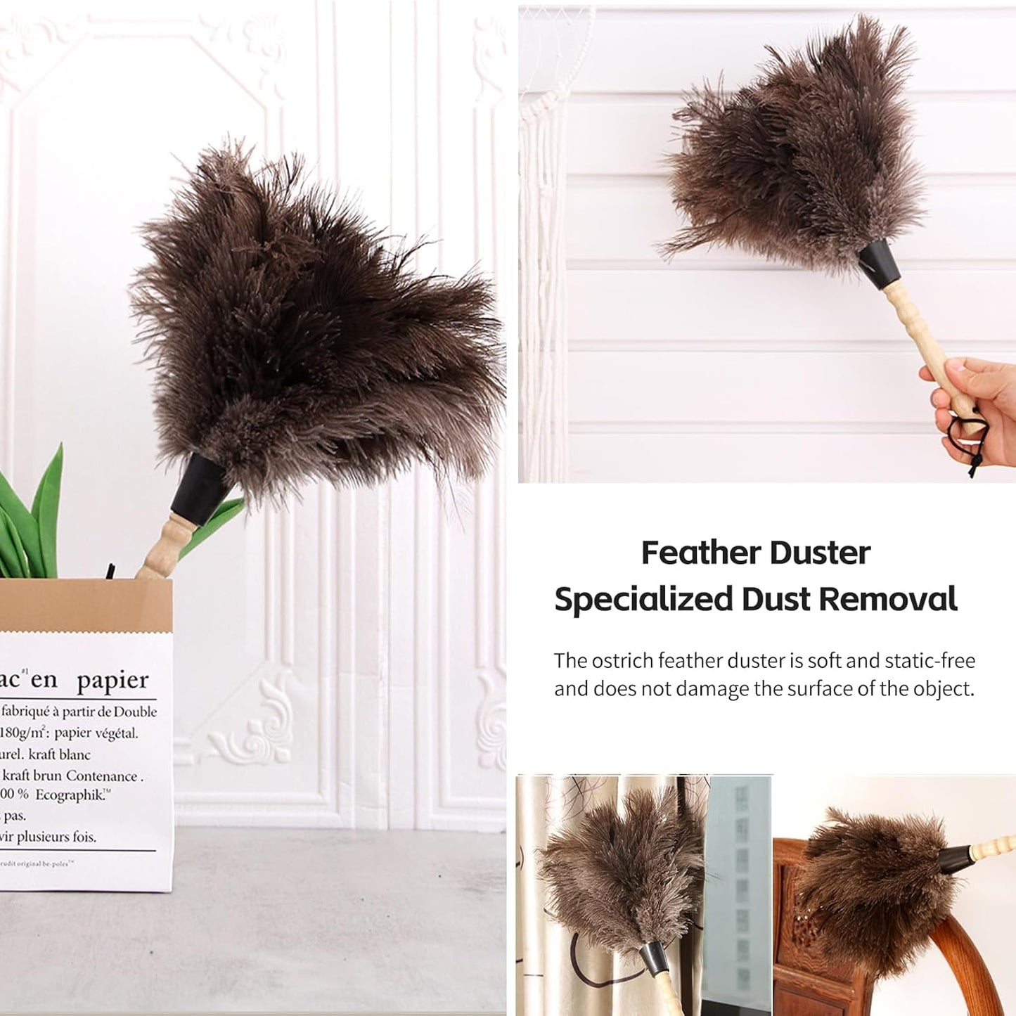 Retractable Ostrich Feather Duster for Cleaning, Fluffy and Natural Feather Duster with Retractable Handle， Reusable Eco-Friendly Handheld Cleaning Supplies (15 inch)