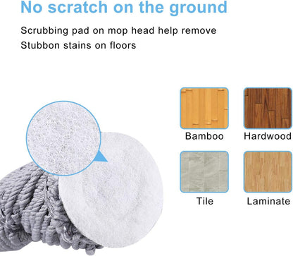 Eyliden Mop with 2 Reusable Microfiber Heads, Easy Wringing Twist Mop, 57.5 inch Long Handle, Wet Mops for Floor Cleaning, Commercial Household Clean Hardwood, Vinyl, Tile, and More (White)