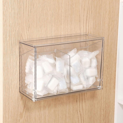 Clear Dishwasher Detergent Dispenser Holder, Large Adhesive Under Sink Door Storage and Organizer for Kitchen and Bathroom, Plastic Laundry Pods Box