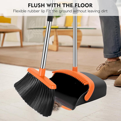 Broom and Dustpan Set for Home, 51-in Long Adjustable Handle Angle Broom and Dustpan Combo Set with Dust Pan Teeth to Clean Hair for Home Kitchen Office Lobby Floor Garden (Black&White)