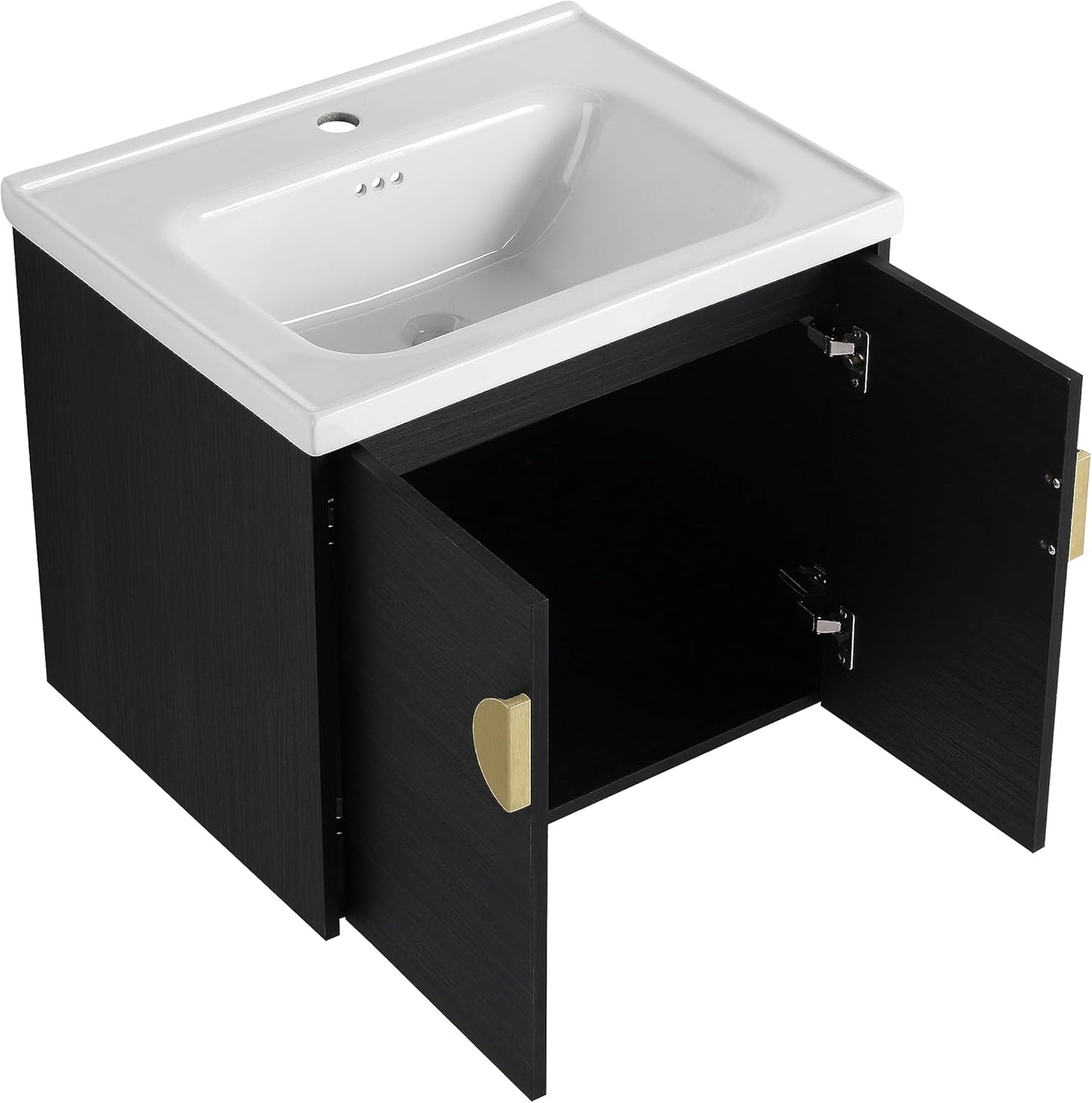 SSLine Modern 24-Inch Bathroom Vanity with Sink Wall Mounted Bathroom Vanity with Top Basin & Storage Cabinet White Wood Floating Vanity w/Ceramic Sink & Gold/Black Handles for Small Space