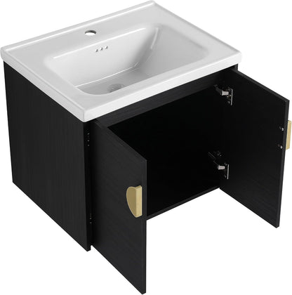 SSLine Modern 24-Inch Bathroom Vanity with Sink Wall Mounted Bathroom Vanity with Top Basin & Storage Cabinet White Wood Floating Vanity w/Ceramic Sink & Gold/Black Handles for Small Space