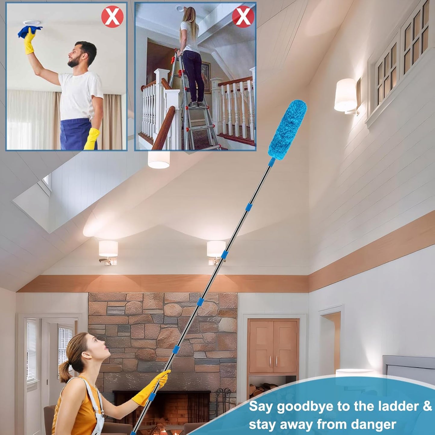 20+ Ft High Reach Ceiling Fan Duster & Cobweb & Corner Brush Duster with 3-13 ft Extension Pole, Microfiber Feather Duster with Washable Head for Ceiling Fan, Furniture, Home Cleaning