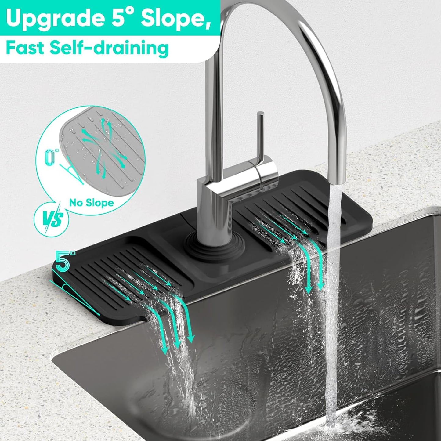 24 Inch Longer Faucet Mat for Kitchen Sink, 5° Slope Fast Self-draining, Kitchen Sink Splash Guard Silicone Sink Faucet Mat Splash Guard Kitchen Sink Area Tidy Splash Faucet Guard Draining Mat