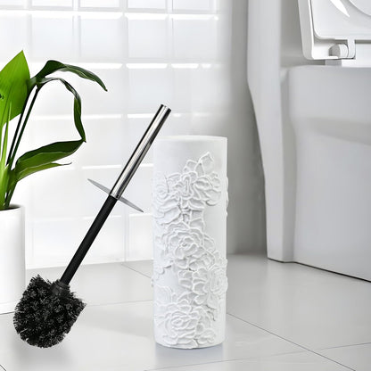 White Floral Branches Design Resin Toilet Bowl Brush and Holder Set, Elegant Bathroom Cleaning Tool with Durable Bristles, Compact and Functional