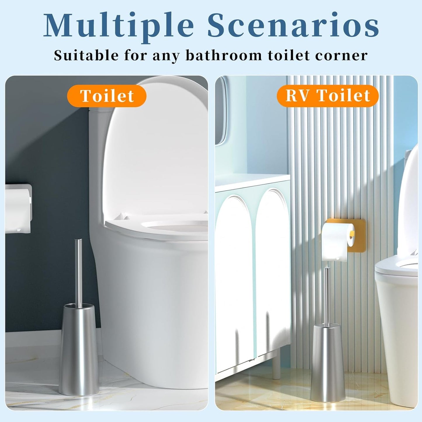 2 Pack Toilet Brush and Holder-with 304 Stainless Steel Long Handle-Toilet Bowl Brush for Bathroom (Champagne Gold)