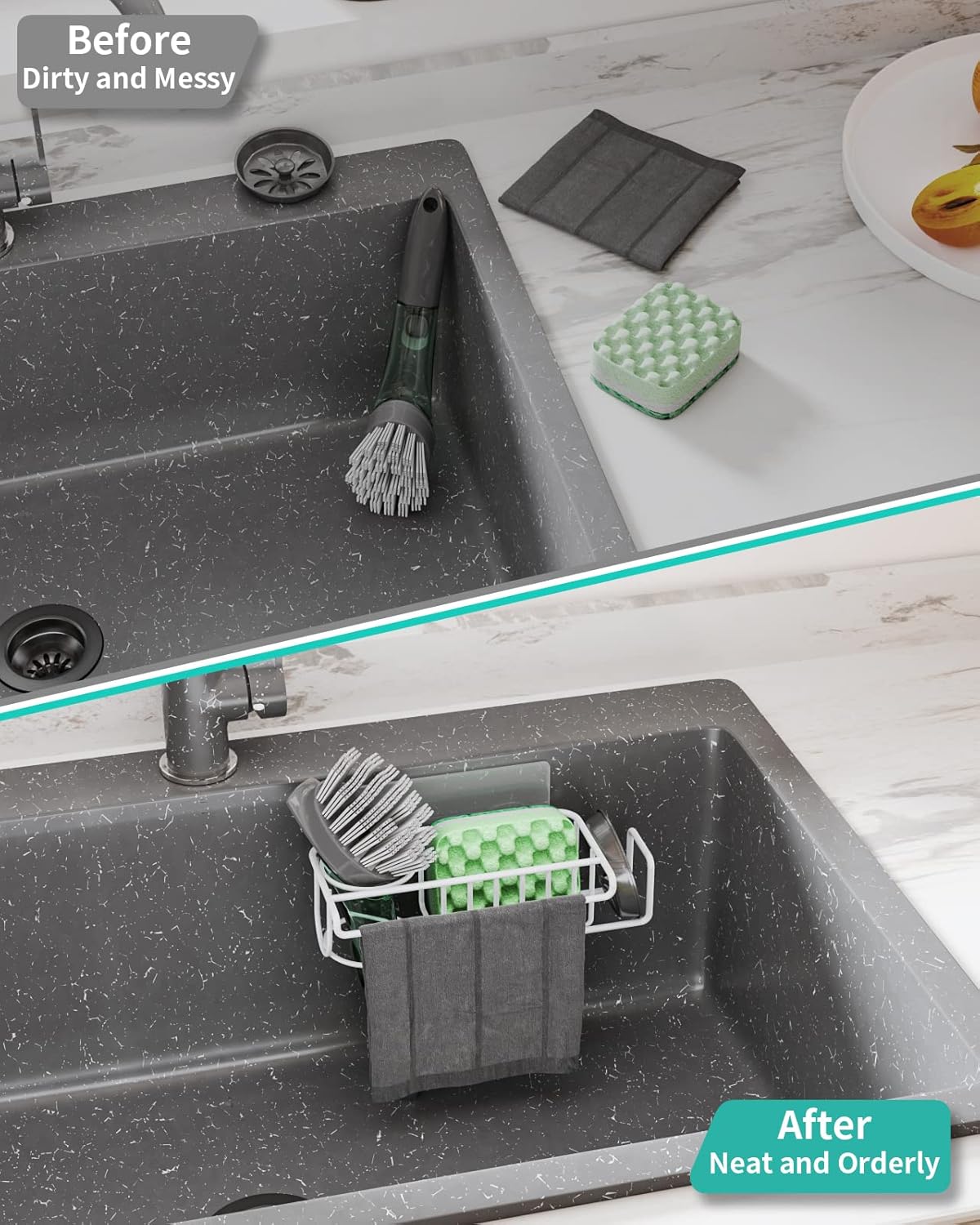 HapiRm 4 in 1 Kitchen Organizers and Storage, SUS304 Stainless Steel Brush Holder + Dish Cloth Hanger + Soap Rack + Sink Stopper Rack, No Drill Kitchen Essentials - Black