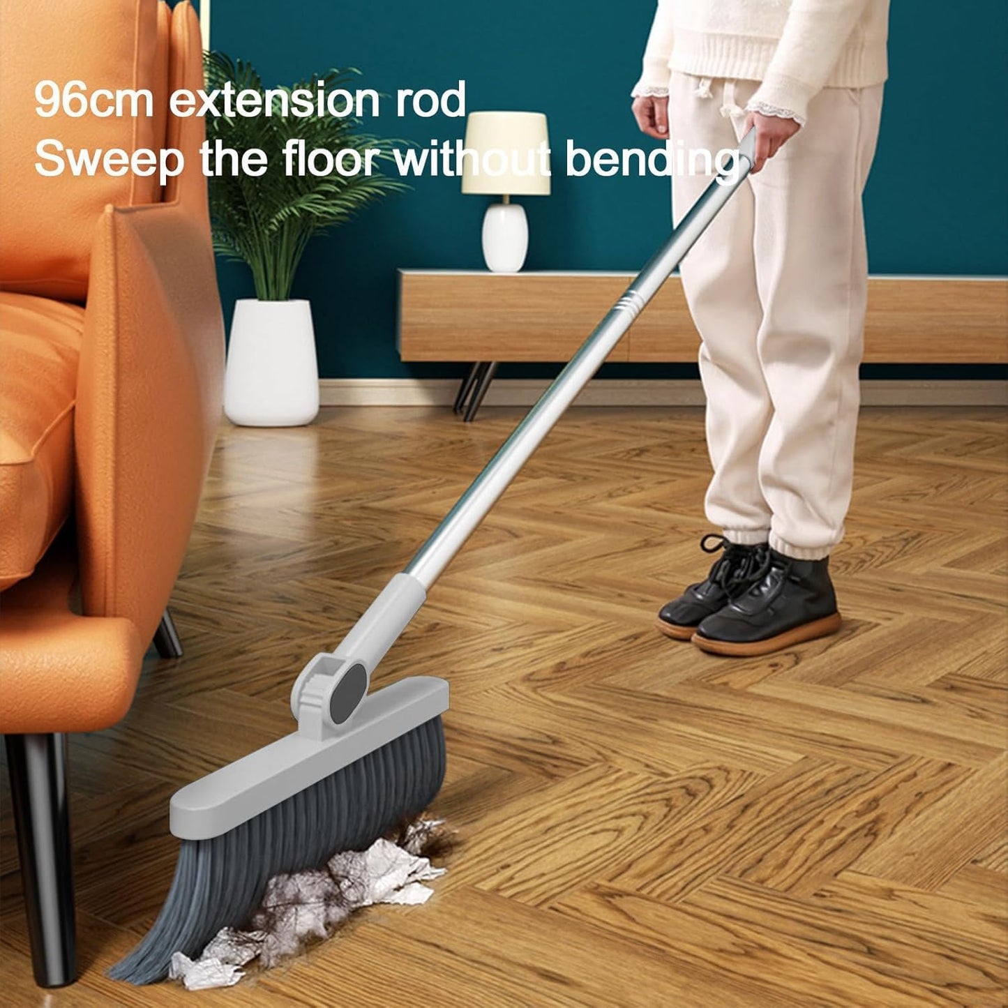 2-in-1 Broom with Dustpan Combo Set,Long Handle Broom Dustpan Combo with Dustpan Teeth to Automatically Clean Hair for Home, Indoor or Outdoor Cleaning Hall Floor (Gray)