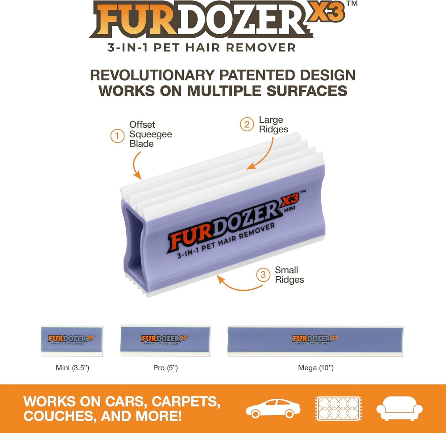 FurDozer Pet Hair Remover & Auto Detailing Tools - Cat & Dog Hair Remover for Carpets, Car Interiors, Couches, Bedding, & Pet Furniture (Gray, X3 PRO - 5" Long)