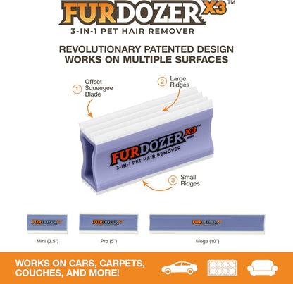 FurDozer Pet Hair Remover & Auto Detailing Tools - Cat & Dog Hair Remover for Carpets, Car Interiors, Couches, Bedding, & Pet Furniture (Gray, X3 PRO - 5" Long)