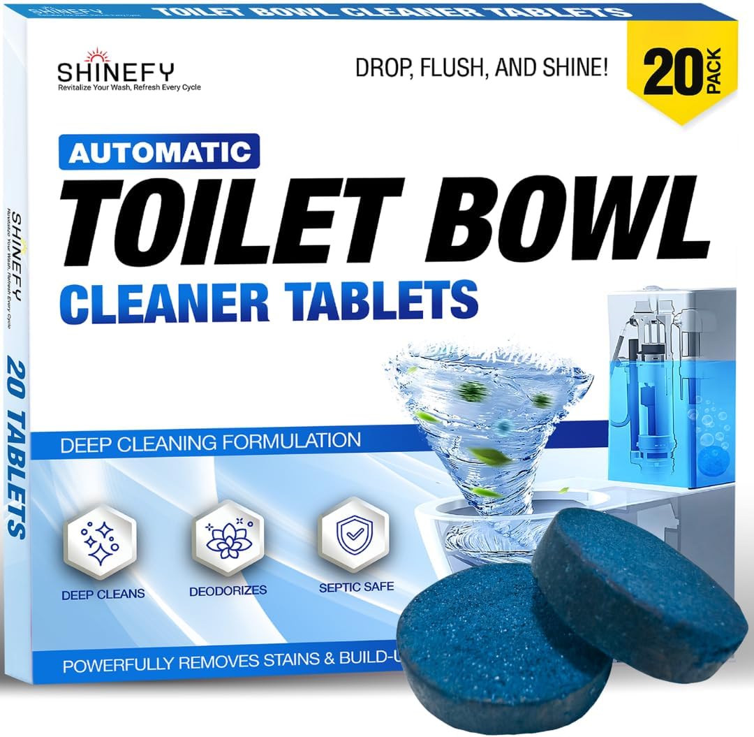 Shinefy Automatic Toilet Bowl Cleaner Tablets – 20 Tabs - Blue Gel Toilet Tank Cleaners, Hard Water Ring Remover, Septic-Safe Heavy-Duty Stain & Smell Eliminator, Toilet Cleaning & Deodorizer