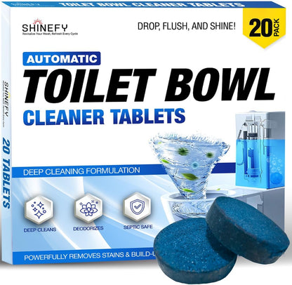 Shinefy Automatic Toilet Bowl Cleaner Tablets – 20 Tabs - Blue Gel Toilet Tank Cleaners, Hard Water Ring Remover, Septic-Safe Heavy-Duty Stain & Smell Eliminator, Toilet Cleaning & Deodorizer