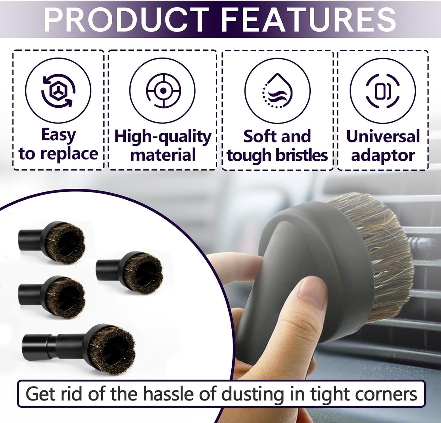 3PCS Horse Hair Brush Vacuum Attachment Set - Black Round Horse Hair Vacuum Attachments & Brushes - Shop Vac Brush Attachment for Most Vacuum Cleaners Accessories - 1 1/4" Vacuum Attachments Included