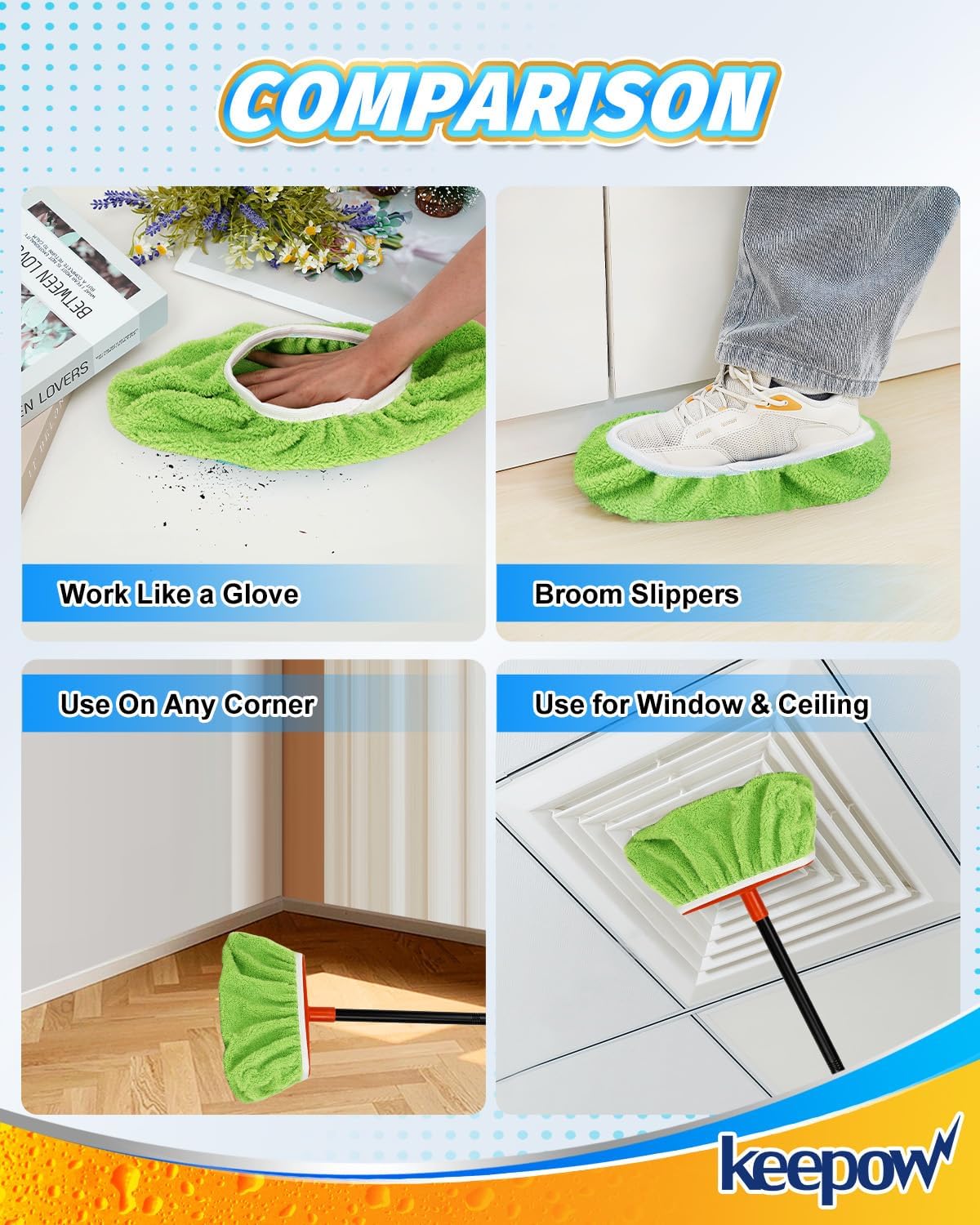 KEEPOW 4 Pack Washable Chenille Broom Pads, Baseboard Cleaner Cloth Covers for Daily Dusting, Reusable Broom Covers Compatible with Standard Brooms Under 11×5.9 in for Floors & Walls (Blue & Green