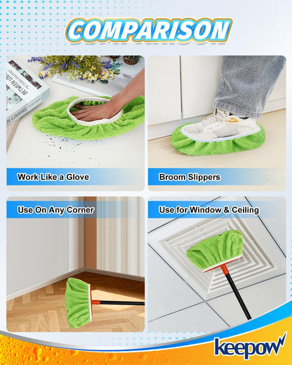 KEEPOW 4 Pack Washable Chenille Broom Pads, Baseboard Cleaner Cloth Covers for Daily Dusting, Reusable Broom Covers Compatible with Standard Brooms Under 11×5.9 in for Floors & Walls (Blue & Green